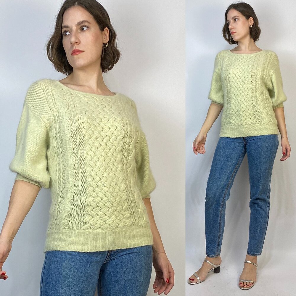 Vintage 1980s ACID Lime Green Fuzzy ANGORA PUFF Half Sleeve Sweater! Medium